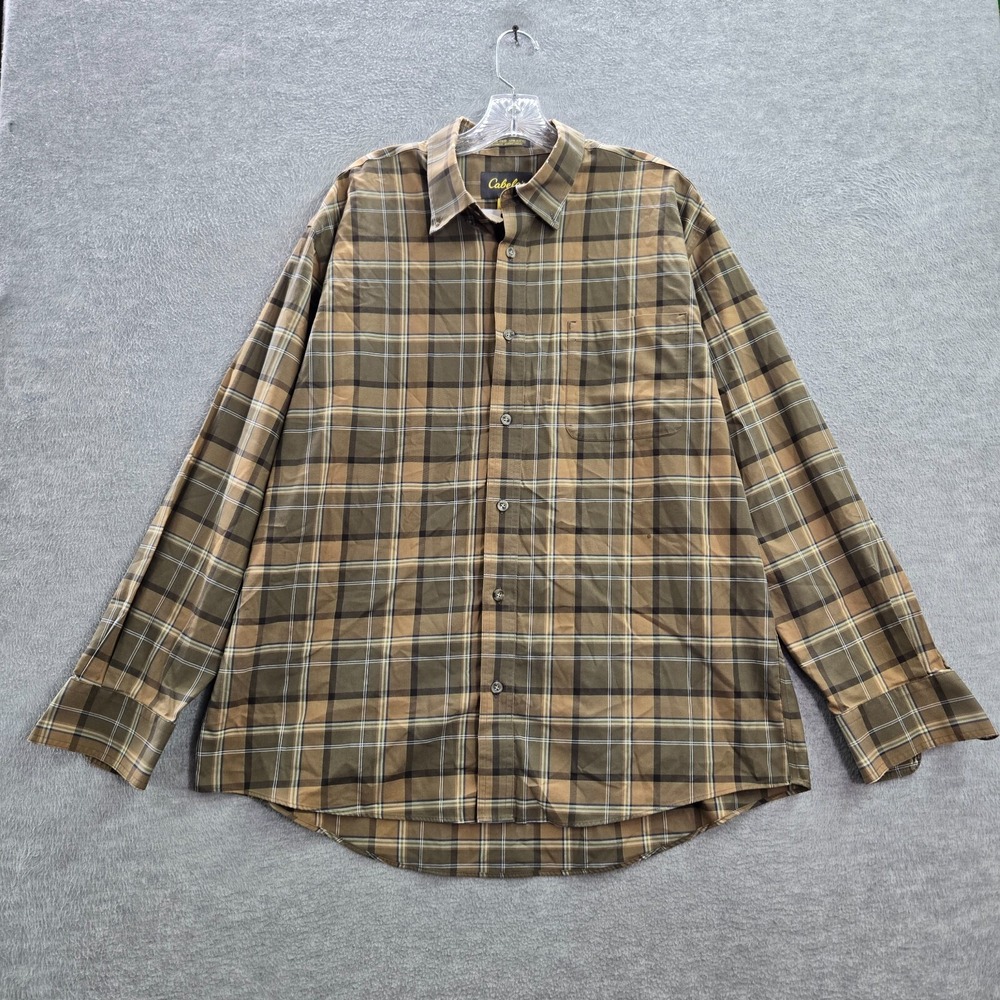 Cabela Men Button Up Shirt XL Cream Plaid Wrinkle Free Long Sleeve READ